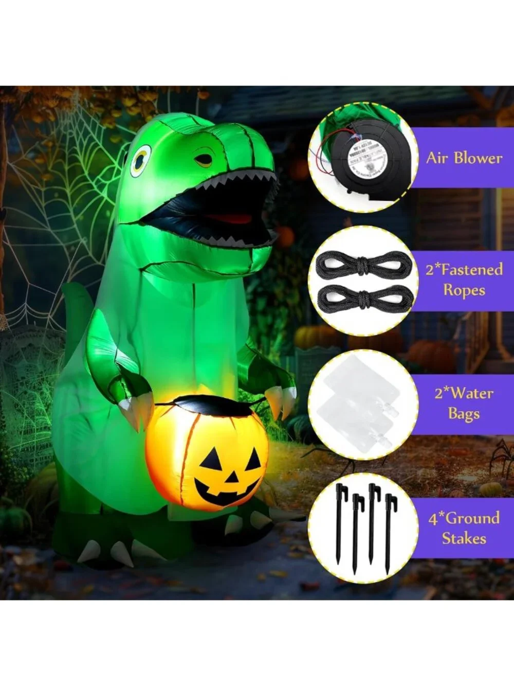 6 FT Halloween Inflatable Dinosaur with Pumpkin & Ghost - LED Yard Decor